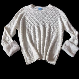 CeCe Ivory Diamond Knit Long Sleeve Sweater with Fur Cuff Women XL